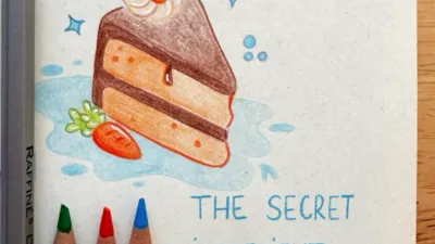 A sketchbook with a cute piece of cake drawn on it and the phrase “The secret ingredient: a teaspoon of love” written on it 